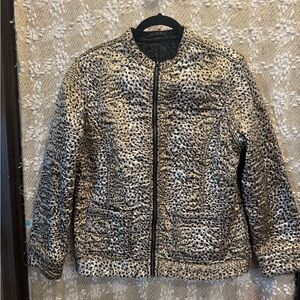 Chico’s  Reversible Jacket Women's Animal Print Black Quilted Zip Pockets Sz 2
